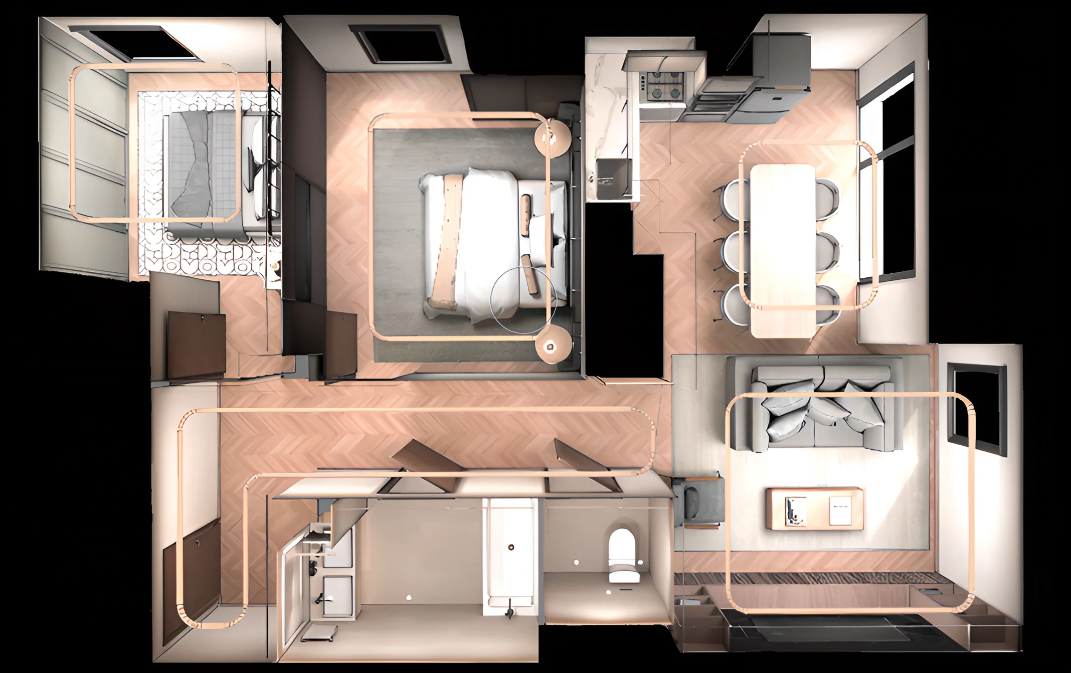 Interactive 3D apartment floor plan with room hotspots